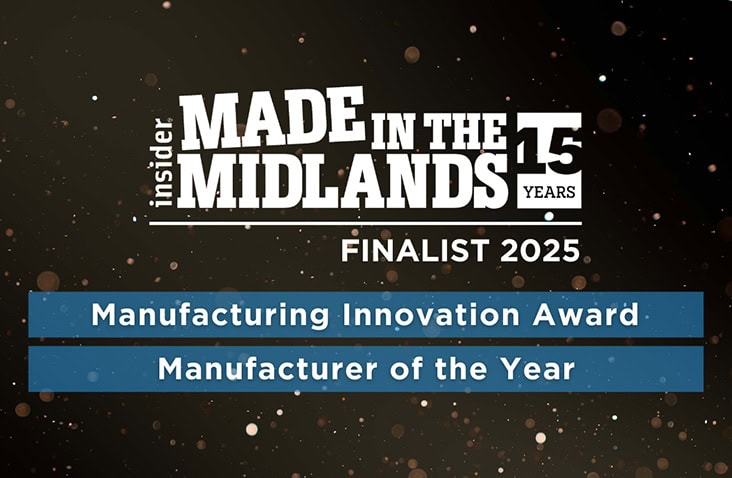 The image features a dark background with gold sparkles and text announcing that a S Jones is a finalist in the Made in the Midlands Awards 2025. It highlights two shortlisted categories: Manufacturing Innovation Award and Manufacturer of the Year. The Made in the Midlands logo is displayed at the top, celebrating its 15th anniversary.