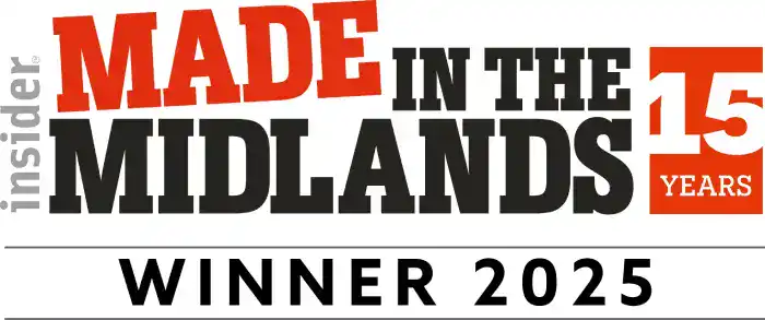 Made in the Midlands Awards 2025 Winner logo – celebrating 15 years of the Insider Media manufacturing awards.