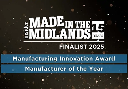 Made in the Midlands Awards 2025 Finalist logo – celebrating 15 years of the Insider Media manufacturing awards.
