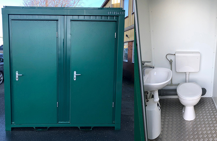 Portable modular toilet units with single and double cubicle options, complete with sinks for staff welfare, events and site facilities.