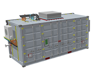 3D CAD drawing of a converted shipping container battery store by S Jones Conversions, featuring an external air conditioning unit, roof-mounted ventilation duct, roof blast panel, and container doors with additional fittings for safe energy storage.