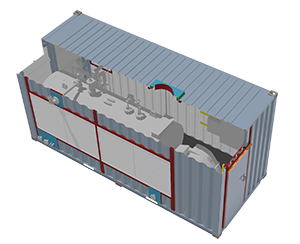3D CAD drawing of a converted shipping container boiler housing by S Jones Conversions, shown with cutaway detailing to reveal internal pipework, tank, fittings, and equipment, with a personnel access door.