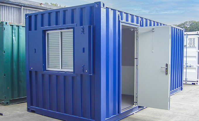 Converted shipping container office by S Jones Containers, designed with secure access, anti-vandal window shutters and insulation to provide portable, durable and fully compliant site office accommodation for construction, industrial and commercial projects across the UK.