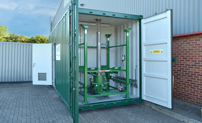 Converted shipping container water treatment room by S Jones Containers, fitted with specialist equipment for filtration, purification and wastewater processing, providing a secure, compliant and portable water treatment solution for industrial and commercial sites across the UK.