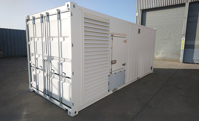 Converted shipping container generator enclosure by S Jones Containers, designed with ventilation, insulation and secure access for safe, compliant power system housing and reliable energy solutions delivered nationwide across the UK.