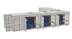 3D CAD drawing of a converted shipping container generator enclosure by S Jones Conversions, showing multiple access doors, louvred ventilation panels, and internal generator units housed within the container for secure and weatherproof operation.