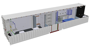 3D CAD drawing of a converted shipping container laboratory by S Jones Conversions, shown in cutaway view with internal layout including workbenches, shelving, storage, sinks, and partitioned sections designed for scientific and research use.