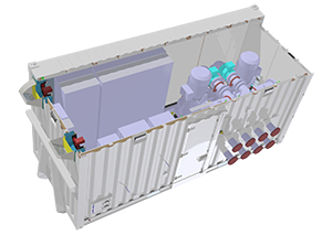 3D CAD drawing of a converted shipping container water treatment unit by S Jones Conversions, shown in cutaway view with internal layout including pumps, pipework, and access door for portable water processing applications.