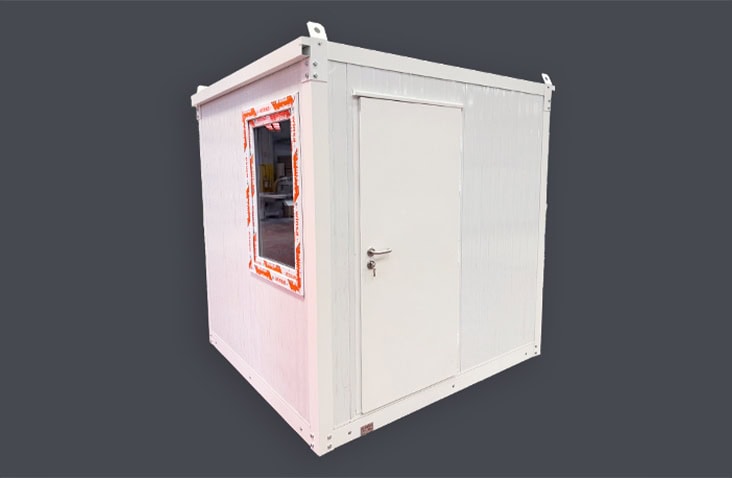     2m x 2m white flat pack office unit with single door and window, designed as a portable workspace or site office. 