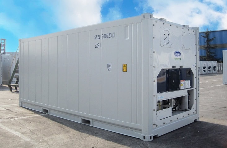 Side view of a 20ft white refrigerated shipping container positioned outdoors, showing the refrigeration unit at one end and printed container identification markings.