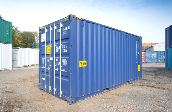 20ft high cube shipping container in blue, ideal for secure storage or transport, shown on a container depot site.