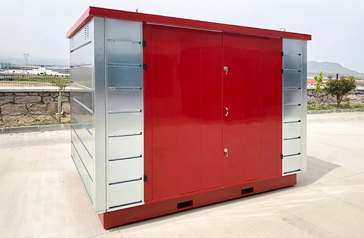     Red and silver flat pack chemical storage unit with double doors and side ventilation, designed for safe COSHH-compliant storage of hazardous liquids and chemicals. 