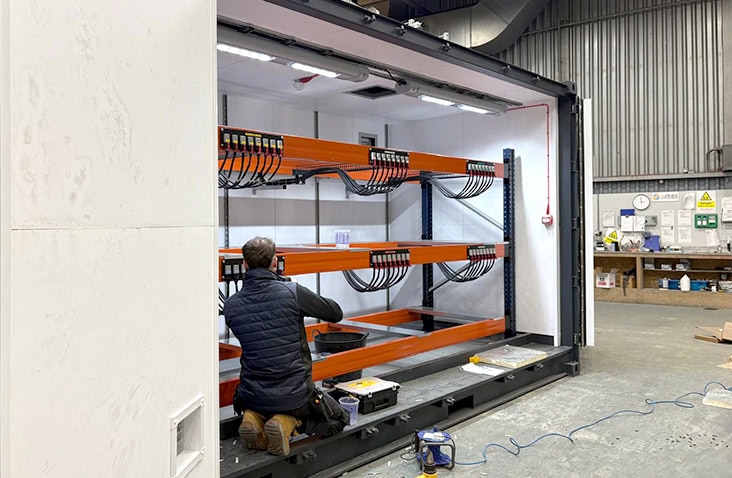 An engineer installing electrical systems inside a converted shipping container with industrial racking and lighting. 