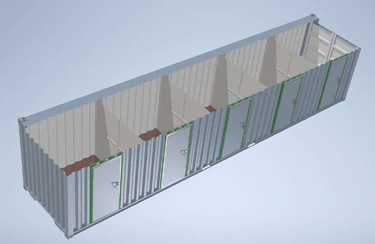3D CAD diagram of a 40ft shipping container divided into multiple storage units with individual doors. 