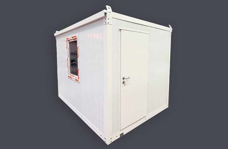 3m x 2m white flat pack office unit with single door and window, designed as a portable site office or small workspace.
