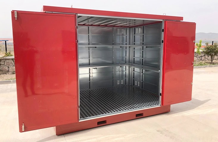    Red flat pack chemical storage unit with open double doors, showing internal shelving, side ventilation panels, and a bunded steel floor for safe COSHH-compliant storage of hazardous liquids. 