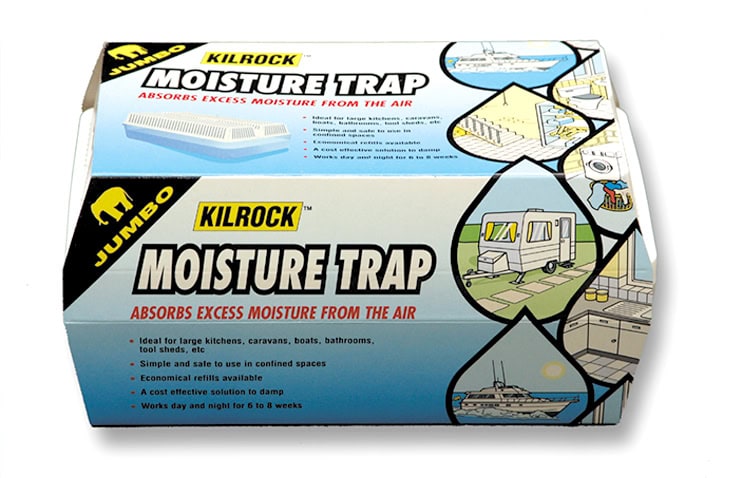 Kilrock Moisture Trap product packaging showing uses for storage spaces, caravans, boats and shipping containers. 