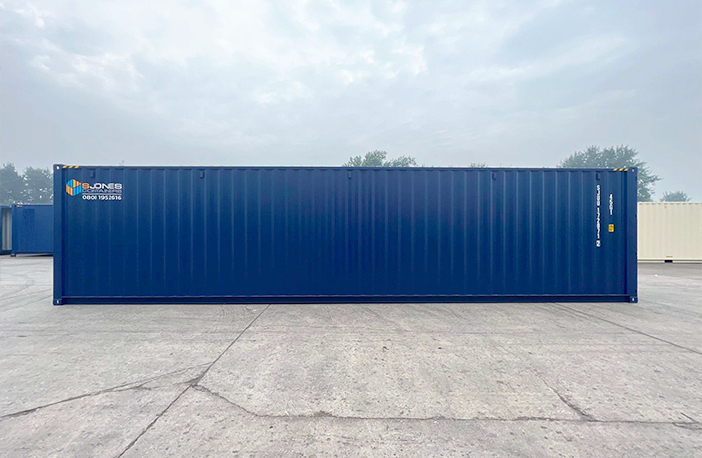 Side view of a 40ft high cube shipping container in blue, showing full length and extra height for large-scale storage or transport use