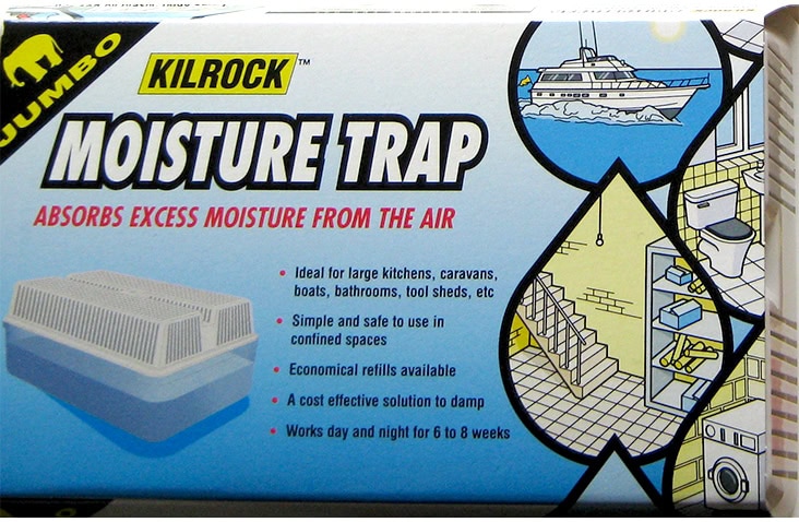 Close-up of Kilrock Moisture Trap packaging highlighting condensation prevention and moisture absorption benefits. 