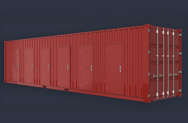     Red 40ft shipping container modified into six separate storage units, each with an individual personnel door. 