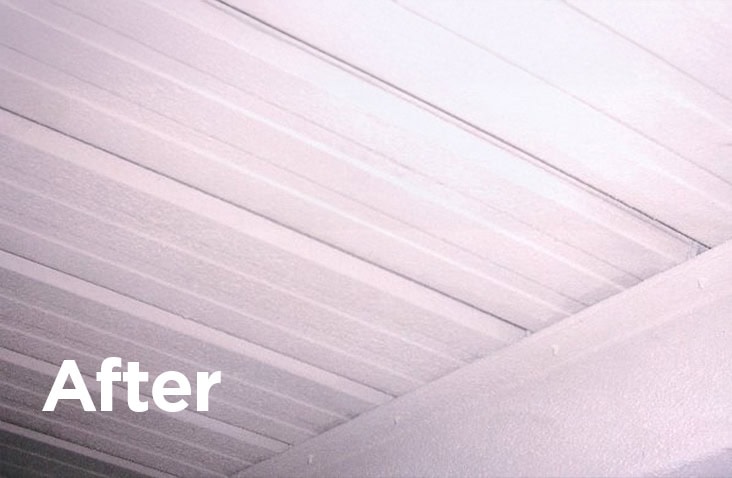 Interior ceiling of a shipping container after treatment, showing a clean, smooth, white coated surface with visible improvement. 