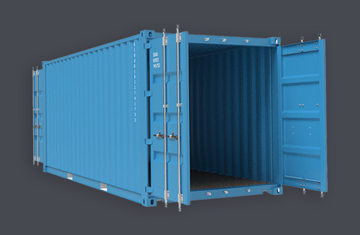 3D render of a blue 20ft high cube tunnel shipping container with both sets of doors open, showing the empty interior against a grey background.