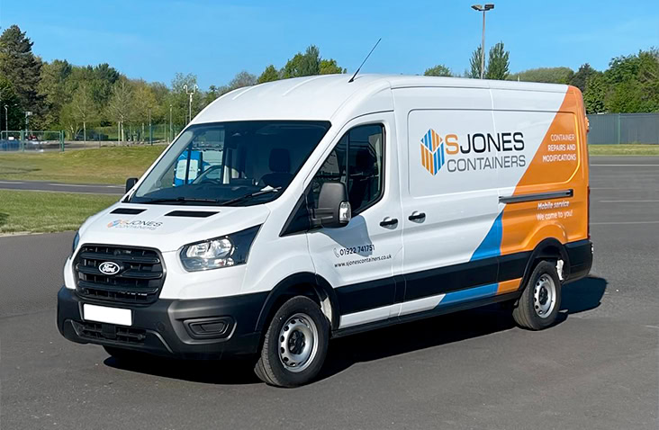 Full view of the S Jones Containers mobile repair and modification van parked outside, used for onsite shipping container repairs across the UK. 