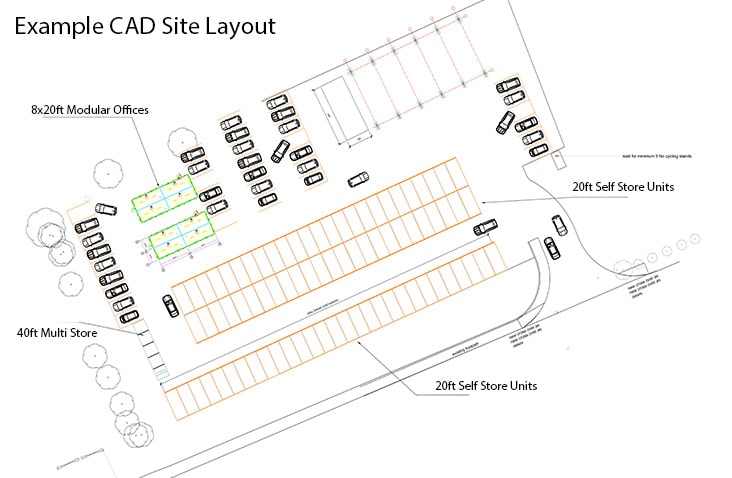 Example CAD site layout showing planned arrangement of 20ft and 40ft self storage units, modular office containers, parking bays and access roads for container storage facility design. 
