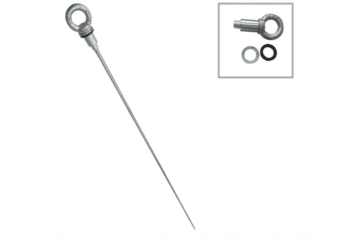     Flat pack lifting rod with circular eye fitting, shown with fastening components including a washer and seal, used for securing and moving flat pack storage units. 