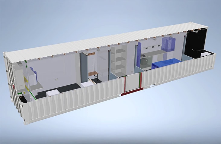 Technical CAD model of a converted 40ft shipping container fitted with rooms for plant equipment and laboratory facilities, divided by partitions.  