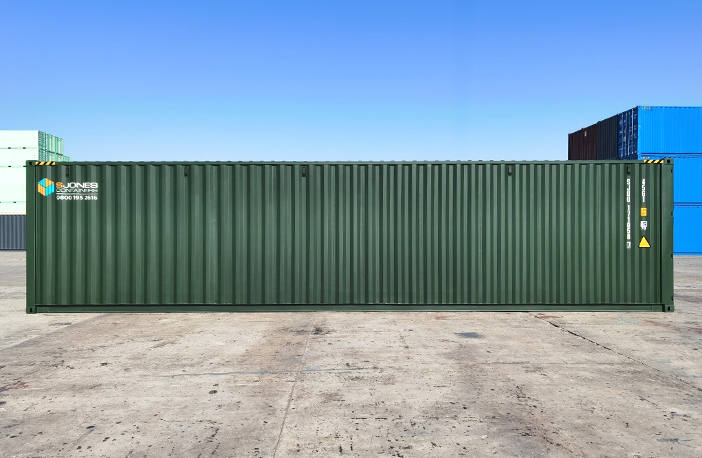 Side view of a green 40ft high cube shipping container, showing full length and extra height, perfect for high-volume storage or export use.