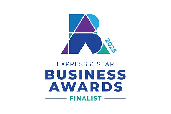 Logo for the Express & Star Business Awards 2025, featuring a geometric 'ba' design in shades of blue, purple, and teal, with the word 'finalist' highlighted beneath the main title.