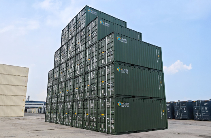  A large stack of green shipping containers arranged in a stepped formation on an industrial site, displaying S Jones Containers branding.