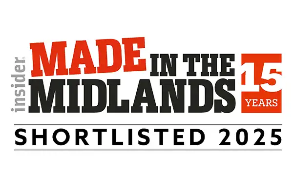 Made in the Midlands Shortlisted 2025 logo. The design features bold red and black text with '15 years' highlighted in an orange box. The word 'insider' appears vertically on the left side.
