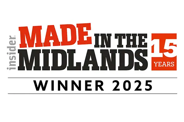 Made in the Midlands Winner 2025 logo. The design features bold red and black text with '15 years' highlighted in an orange box. The word 'insider' appears vertically on the left side.