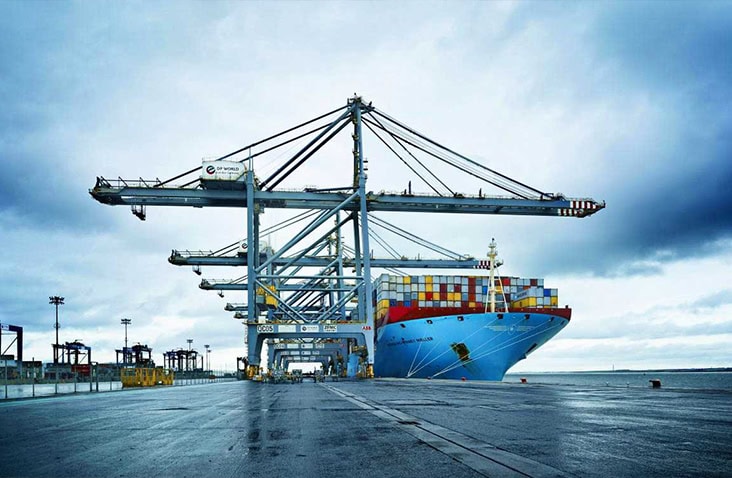 Large container ship docked at Southampton Port beside tall container cranes on a cloudy day, with stacked shipping containers on the vessel.