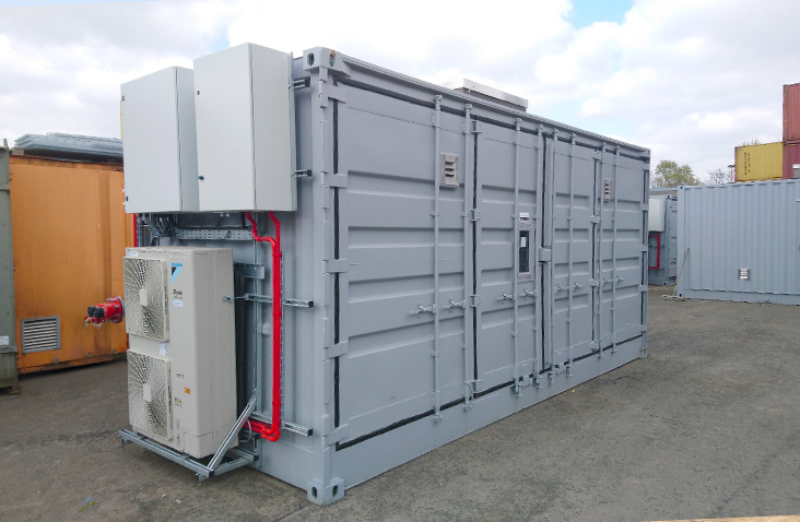 Side-opening battery storage enclosure with integrated HVAC and electrical safety systems, designed and manufactured by S Jones Conversions.