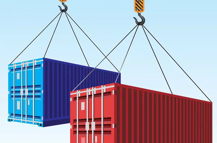 Two containers being hoisted by cranes side-by-side