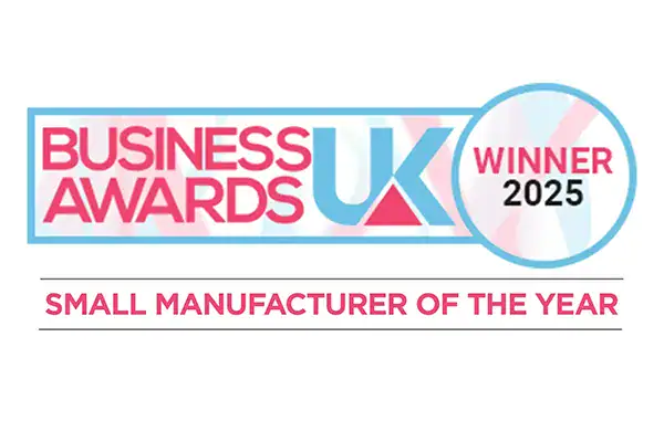 Business Awards UK Winner 2025 badge with the title 'Small Manufacturer of the Year' in bold pink text beneath the logo.