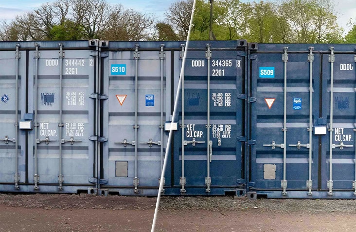 Side-by-side comparison of shipping containers showing a faded exterior on the left and a restored, darker finish on the right after ClearRestore® treatment.