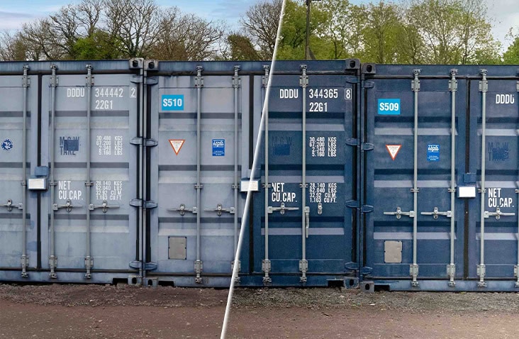     Side-by-side before-and-after comparison of a weathered shipping container restored to a vibrant finish using ClearRestore colour restoration. 