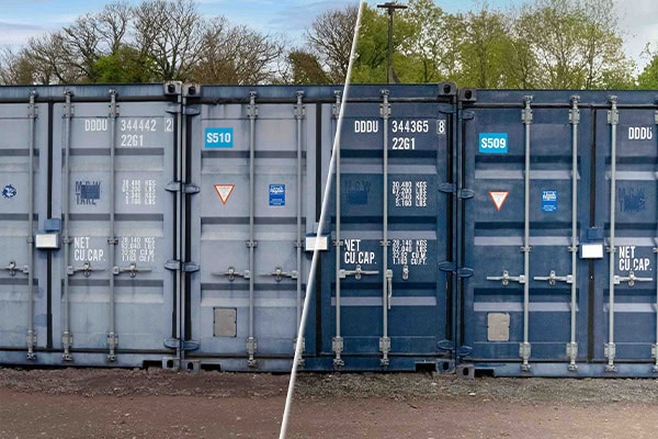 Side-by-side comparison of two blue shipping containers showing a before-and-after restoration finish, demonstrating surface improvement.
