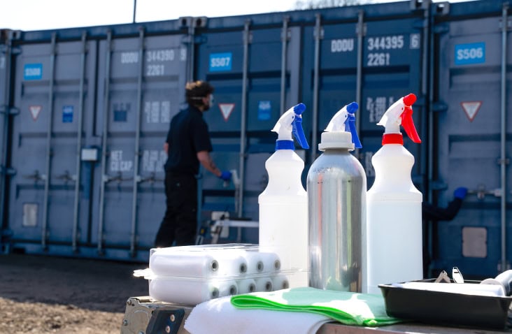 Cleaning and restoration equipment, including spray bottles and rollers, set out in front of a technician applying ClearRestore® treatment to a shipping container. 