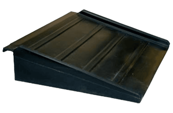 High incline polyethylene container ramp, showing a compact, heavy-duty ramp with raised safety edges and grip runners designed for container access.