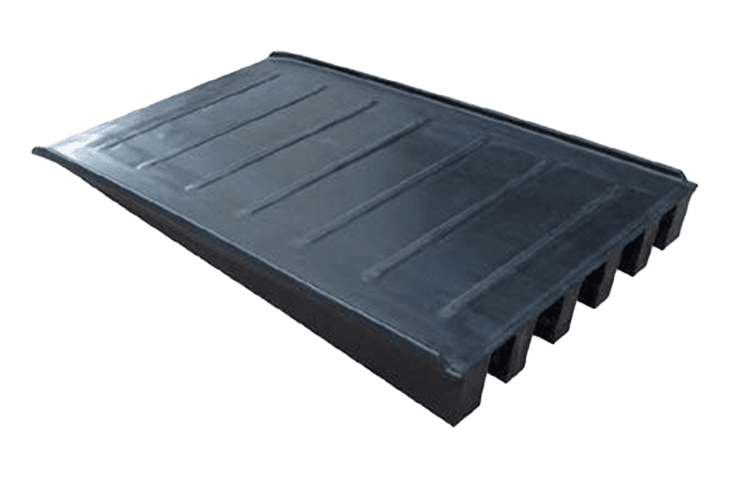 Low incline container ramp for shipping containers, featuring a wider, gradual slope with integrated grip channels for safe movement of wheeled equipment.