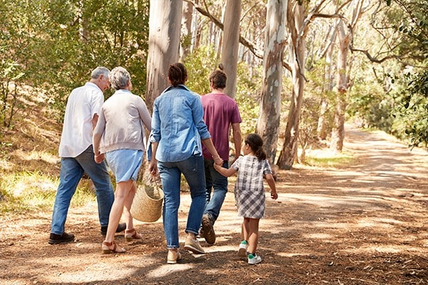 Multi-generational family walking together along a woodland path, representing community wellbeing, social health and environmental connection. 