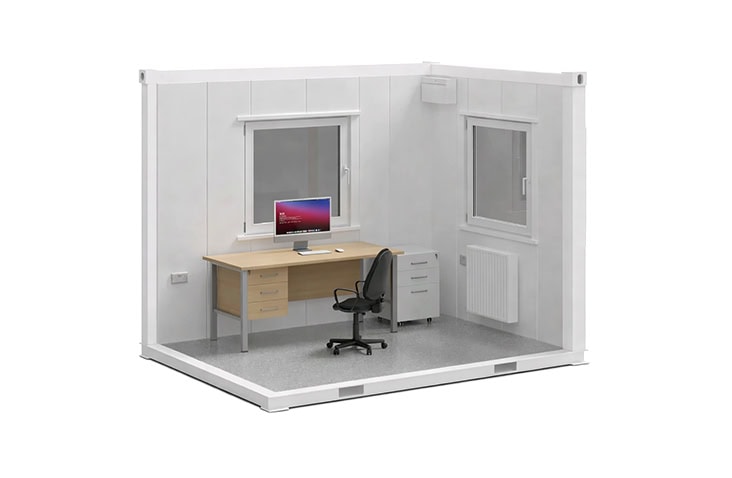 10ft x 8ft site accommodation office interior with desk, office chair, filing cabinet and window, ideal for single-person site office hire or meeting space on construction sites 