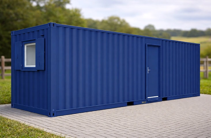 Blue 20ft x 8ft split canteen and office site accommodation unit with steel personnel door and window, photographed externally on a paved base, ideal for construction site welfare, temporary offices, and canteen hire. 