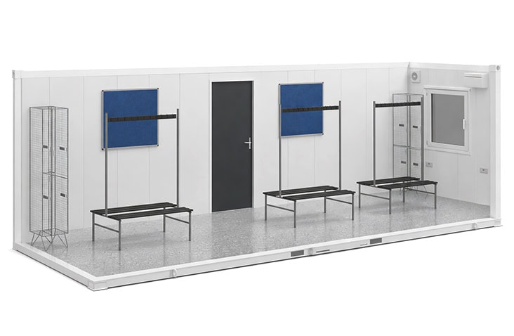     Interior of a 32ft x 10ft site accommodation changing room featuring benches, coat hooks, metal lockers, notice boards and insulated wall panels, offering spacious welfare and changing facilities for site operatives. 