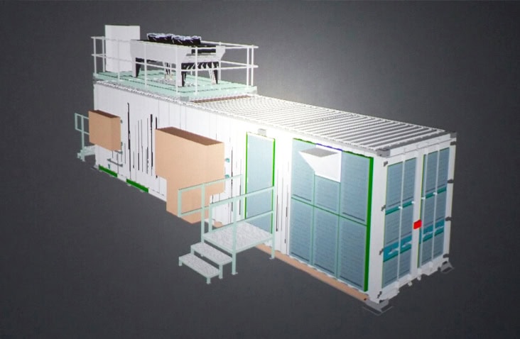 3D CAD drawing of a bespoke containerised energy enclosure, showing a modified shipping container housing liquid air energy equipment with external access doors, ventilation panels, rooftop plant, and integrated access platform, designed for industrial energy storage and process applications.
